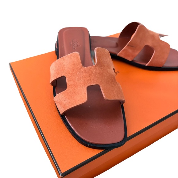 Hermès Oran Sandals Suede Goatskin Rose Bois de Santal - Full Set. Sz 37.5 - Picture 3 of 6